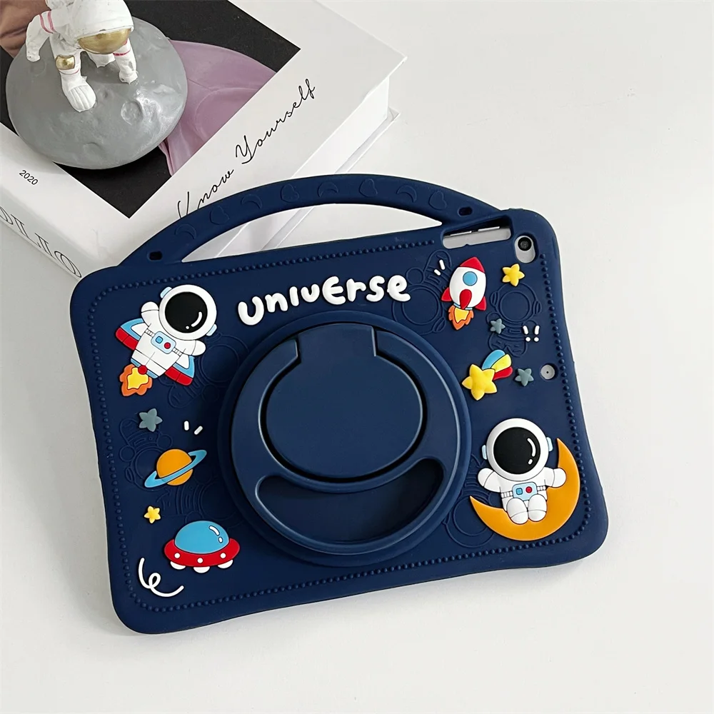 

For Apple iPad Pro 11 2018 2020 2021 Case Kids Soft Silicon Rotating Ring Stand Cartoon Astronaut Pen Holder Tablet Handle Cover