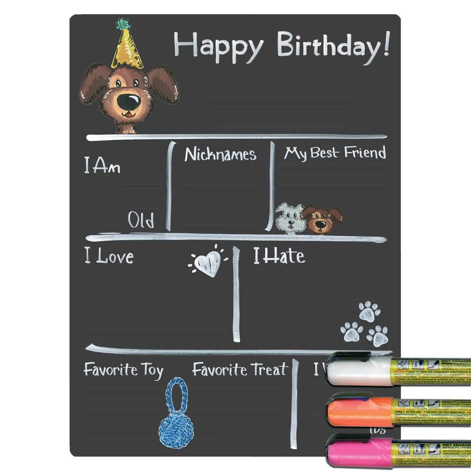 

Party Theme Dog Milestone Chalkboard, 9 by 12 inches, 3 Bright Markers