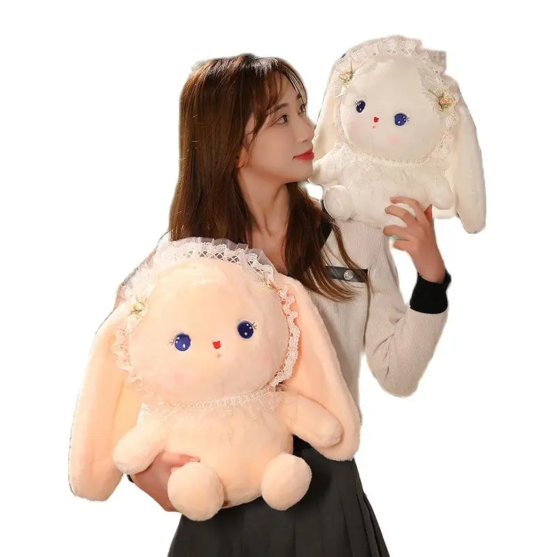 

New cartoon lace hat bib long-eared rabbit plush stuffed animal toy doll pillow kawaii room decoration decor party birthday gift