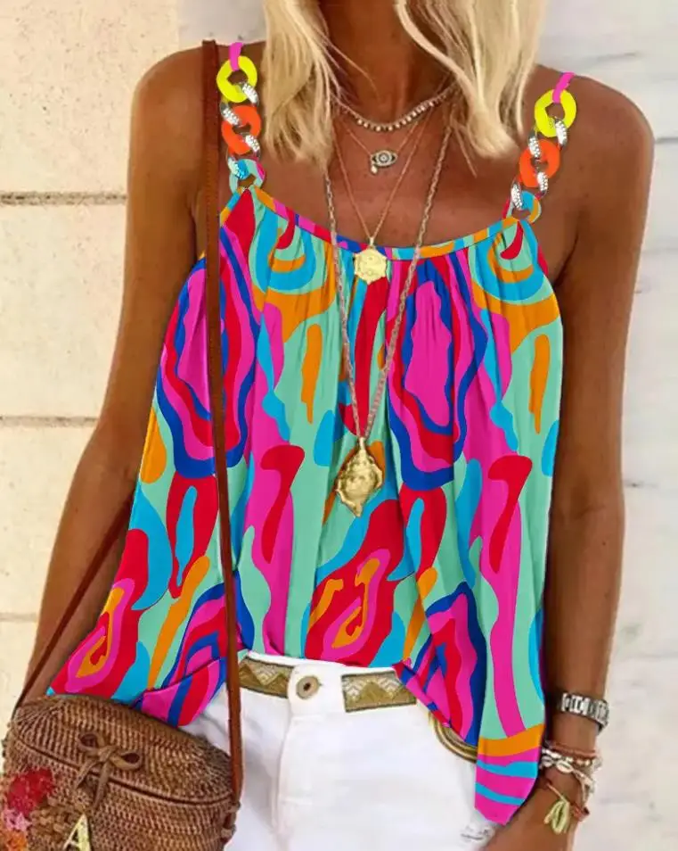 

Tops For Women Fashion 2022 Summer Abstract Print Chain Decor Flowy Spaghetti Strap Casual Daily Vacation Cami Top YK2