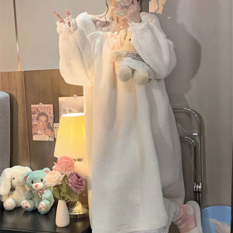 2021 Autumn Winter New Korean Version of The Lovely Sweet Princess Pajamas Warm Plus Velvet Nightgown Set Sleep Tops night gown