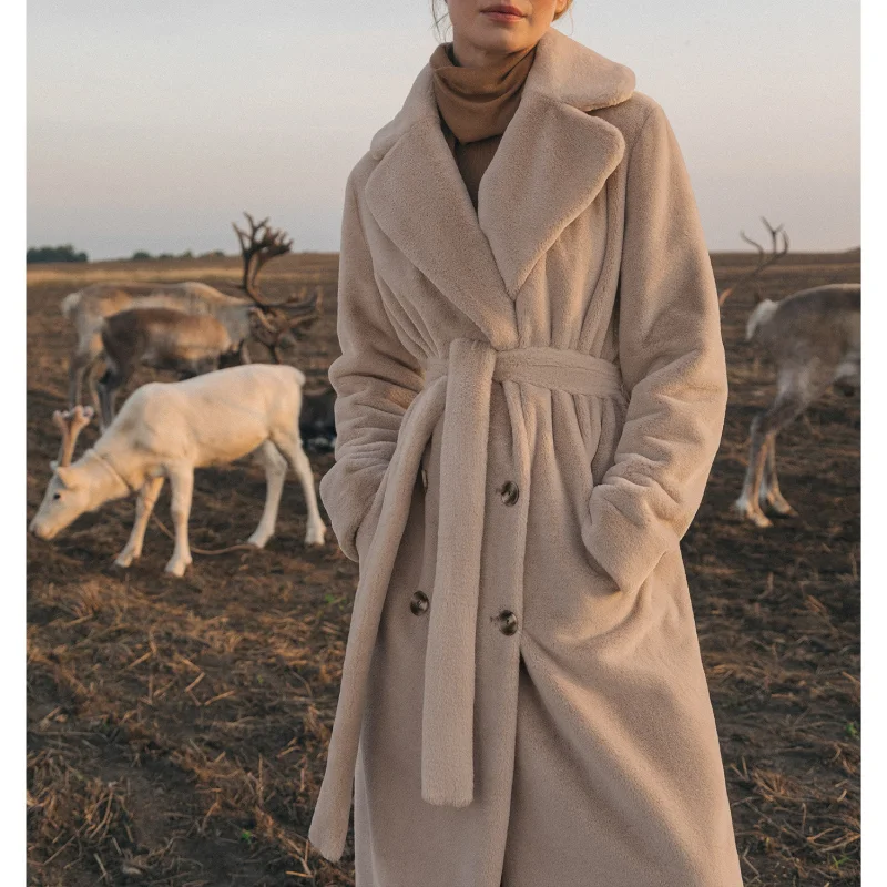 2022 Winter Women High Quality Faux Rabbit Fur Coat Luxury Long Coat Loose Lapel OverCoat Thick Warm Female Plush Coats