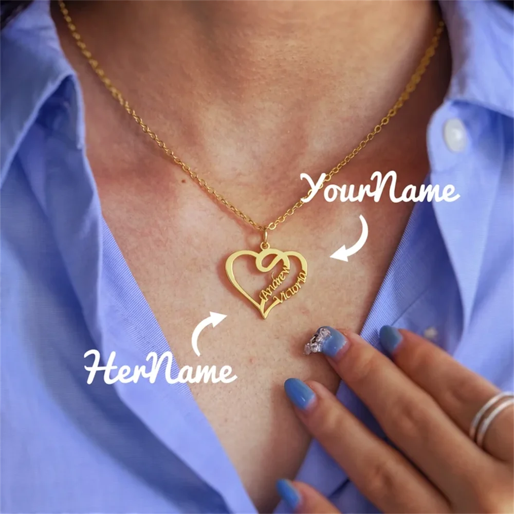

Custom Double Name Necklaces Couple Gift Stainless Steel Love Heart Pendant Personalized Gold Choker Necklaces for Women Gift