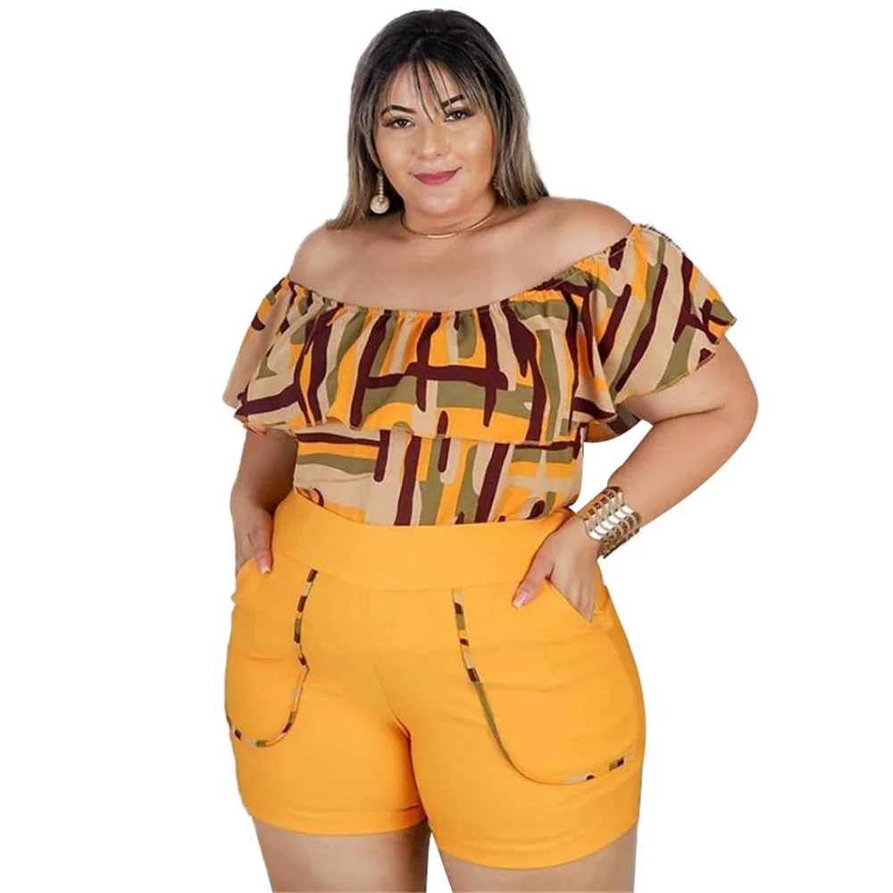 Plus Size 4xl Two Piece Sets for Women Short Sleeve Slash Neck Mid Waist Geometric Printing Above Knee Wholes 3xl 4xl 5xl 6xl