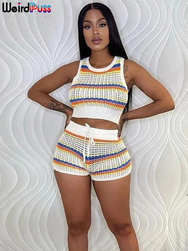 

Weird Puss Striped Knit Women Short Set O Neck Pullover Tanktops+Elastic Waist Skinny Shorts Y2K Streetwear Matching Outfits