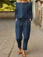 zanzea long sleeve blouse casual trousers suits tracksuit 2pcs summer female matching sets vintage plaid checked pants suit 2022