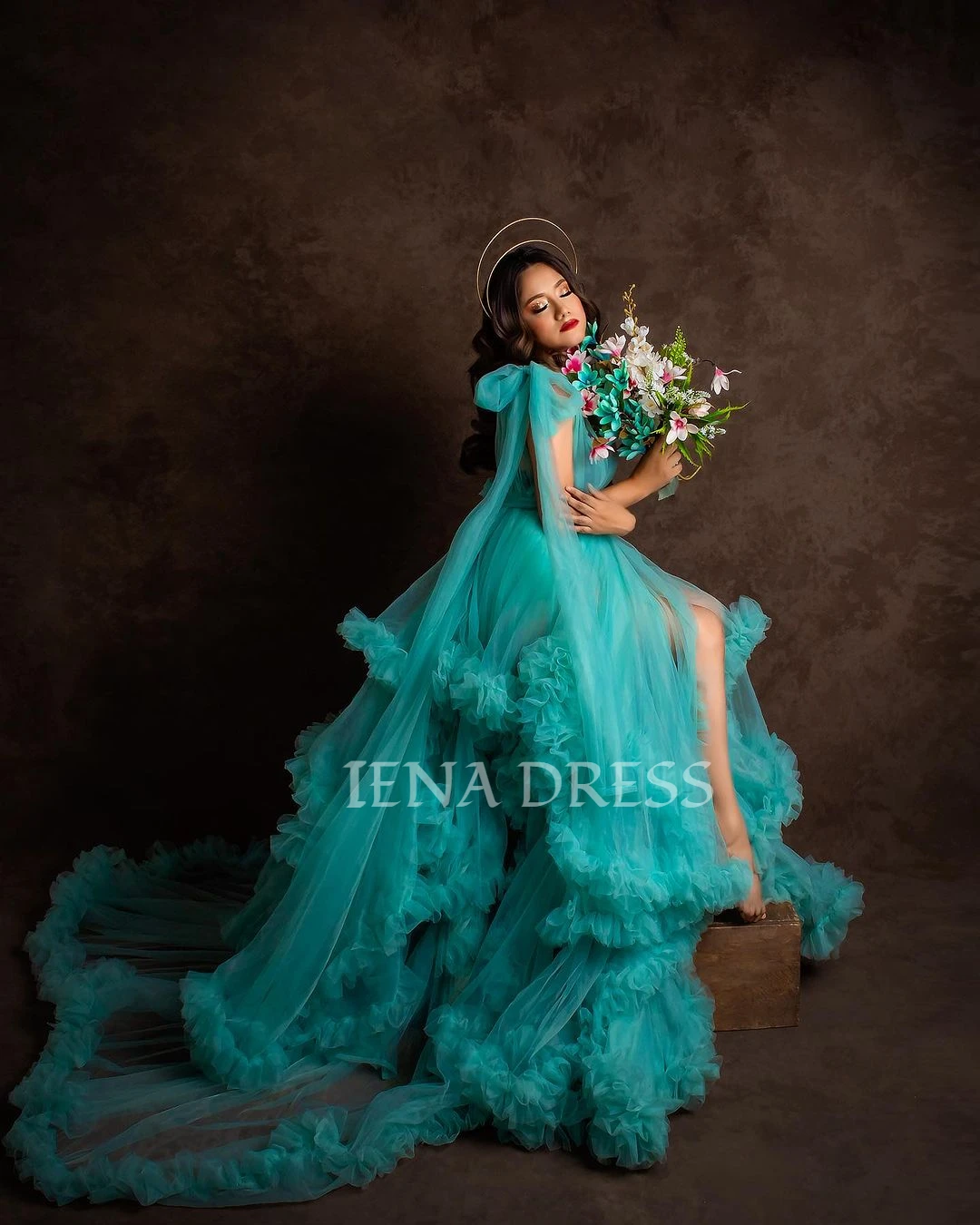 Синее Тюлевое многослойное платье с оборками для беременных фотосессии