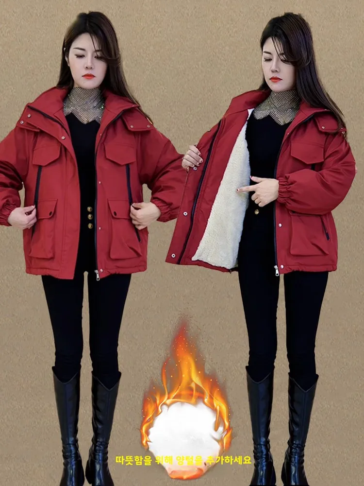 Lapel Hood Cotton-padded jacket Outerwear Women 2024 Winter New Design Sense Fleece-lined Thickened Korean Series Warm down J...