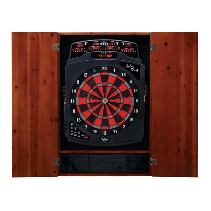 

Cinnamon Soft Tip Dartboard Cabinet and Solar Blast Electronic Dartboard