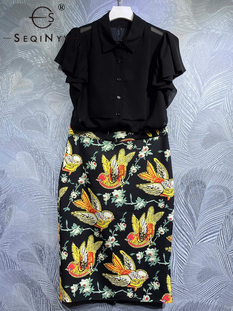 SEQINYY Casual Suit Summer Spring New Fashion Design Women Runway Black Shirt Ruffles + Slim Skirt Vintage Flower Bird Print