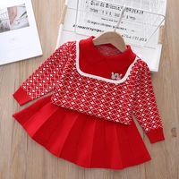 2022 children casual clothing winter kids college style print pleated skirt sets long sleeve cute sweet suits for girls 2 6 year