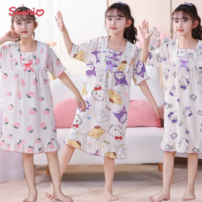 

Kawaii Sanrio Hello Kitty Kuromi Pompompurin Children Cartoon Nightgown Summer Girl Casual Loose Thin Breathable Home Pajamas