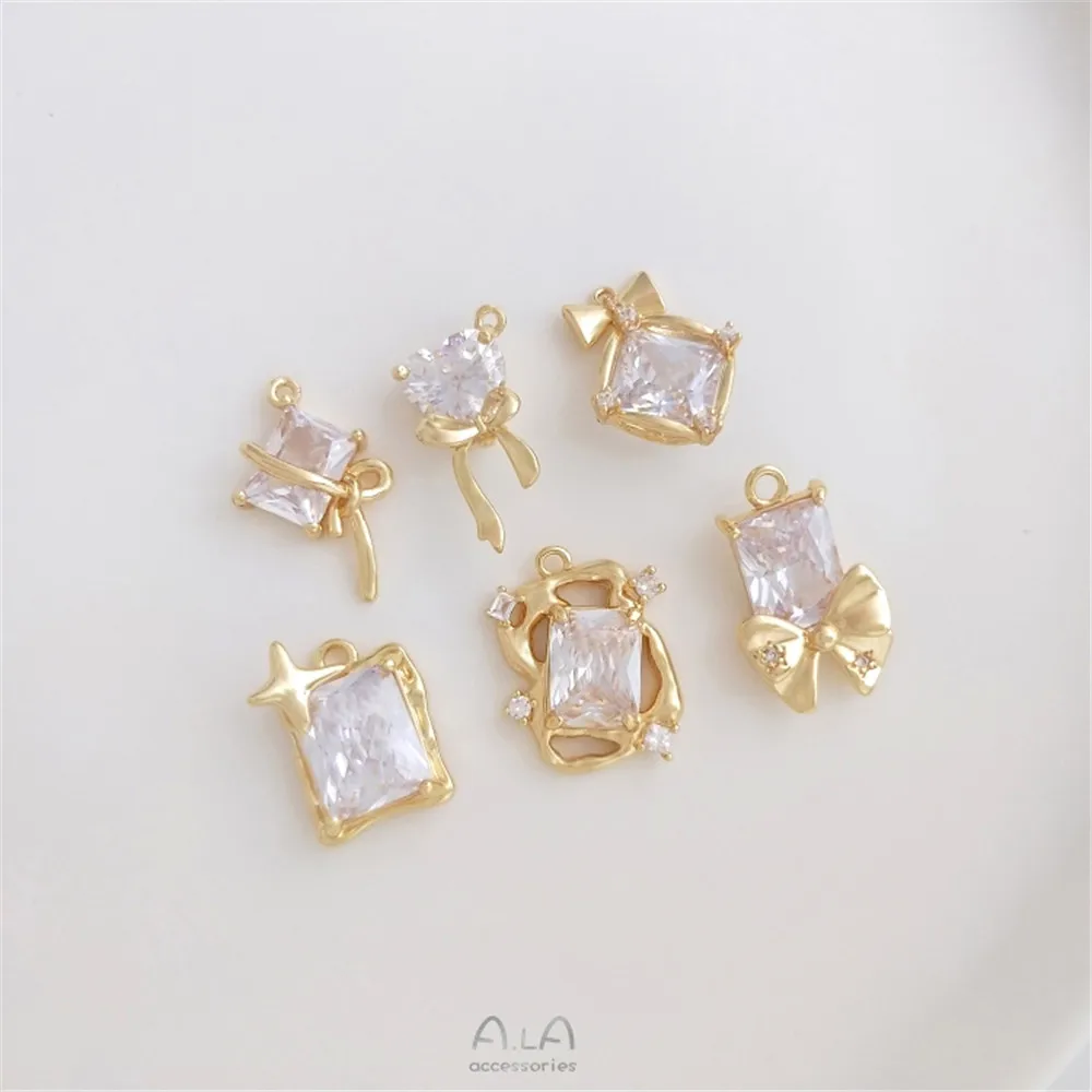 

14K gold bow-wrapped heart-shaped rectangular zircon necktie pendant necklace bracelet earrings pendant