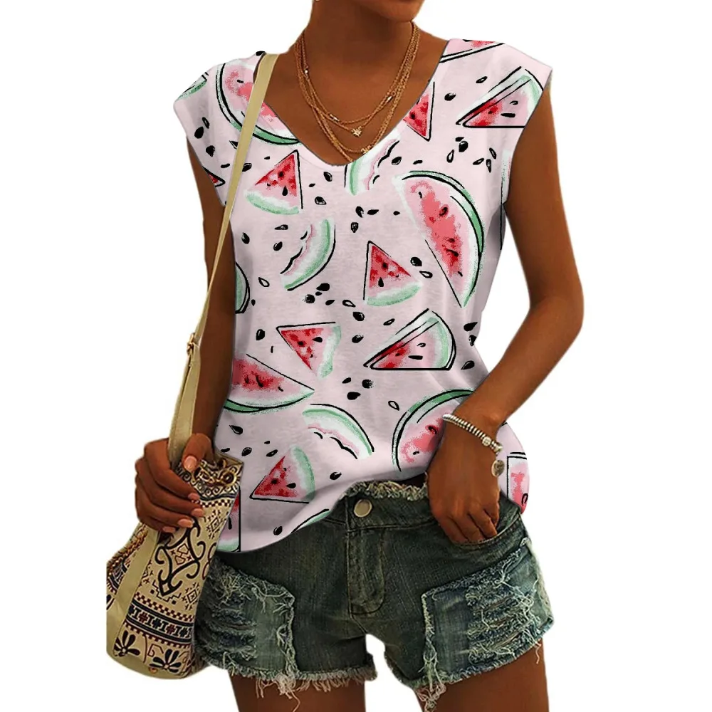 Женская футболка с V-образным вырезом принтом в виде арбуза