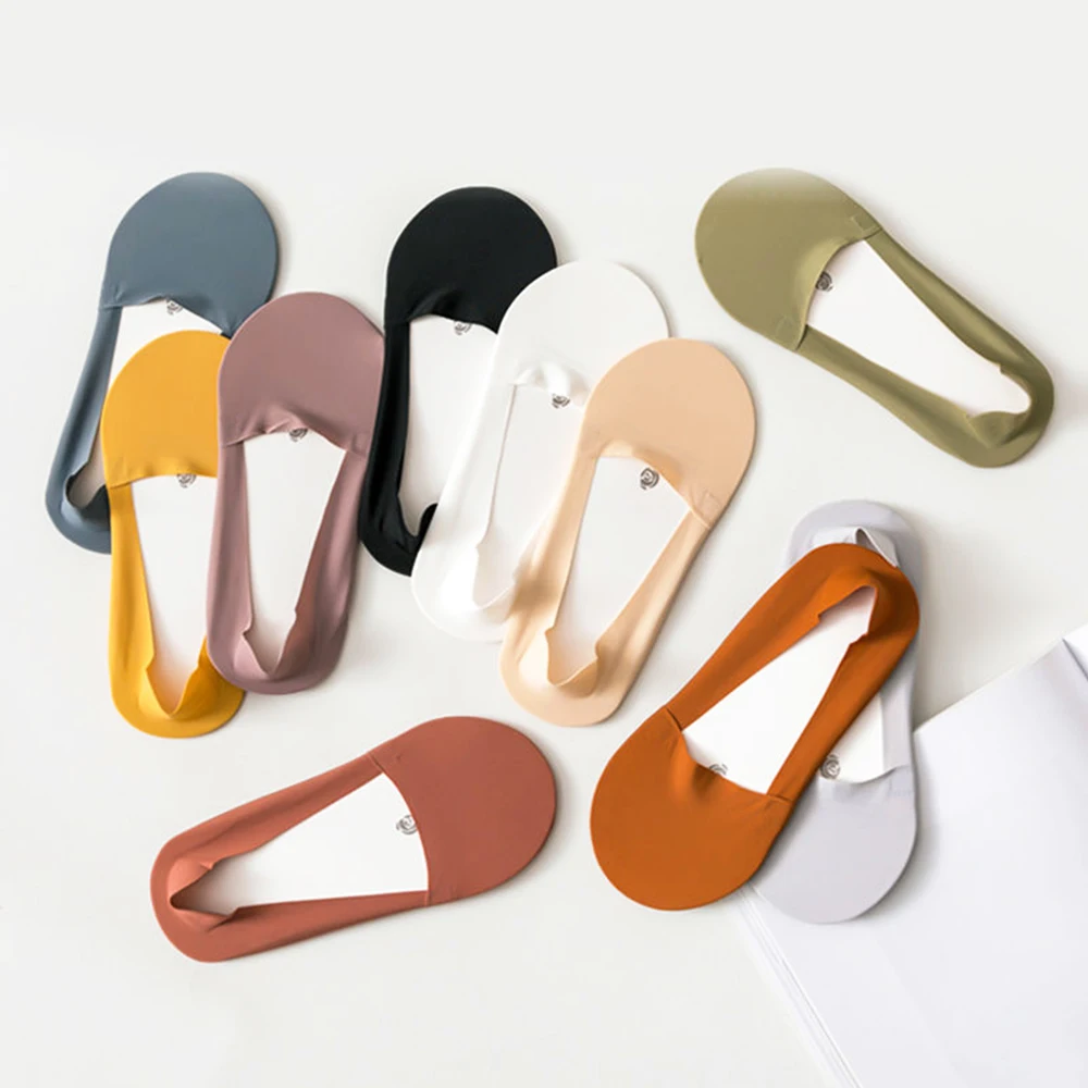 5Pairs Ice Silk Socks Women Summer Invisible Ultra-Thin Solid Color Breathable Silicone Non-slip Comfortable Cotton Bottom Socks