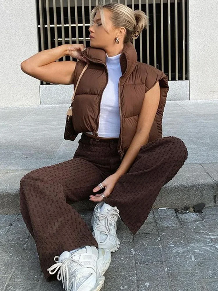 Hirigin женский зимний укороченный жилет на молнии с воротником-стойкой без рукавов