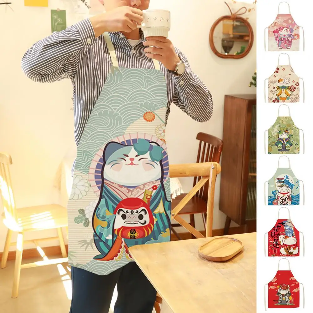 

Kitchen men and women chef bib apron cartoon cat print sleeveless cotton and linen apron household cleaning tools 1 set