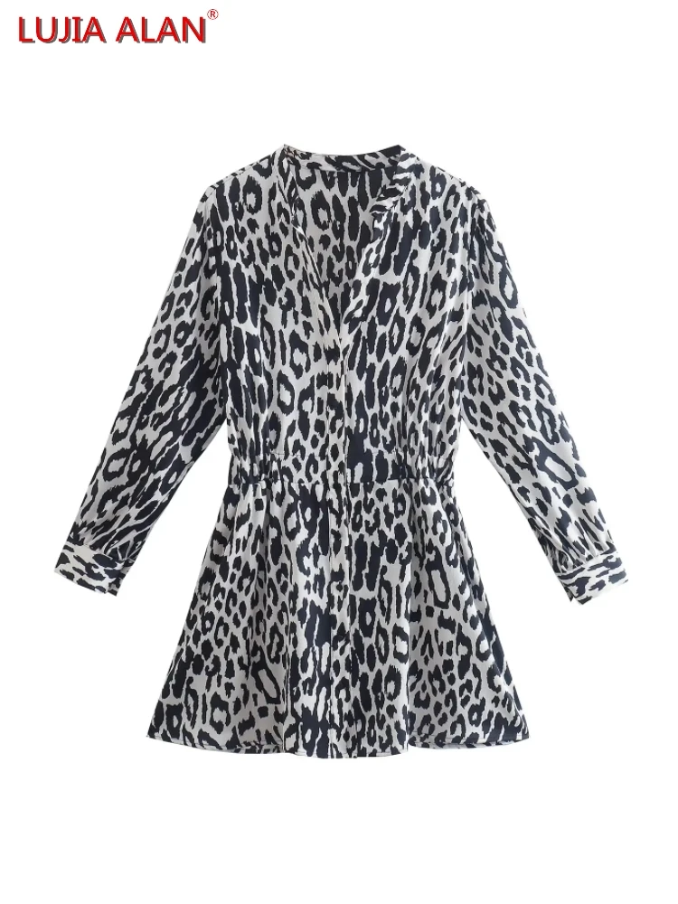 

Women Leopard Print Satin V-Neck Shirt Mini Dress Autumn Female Long Sleeve Streetwear Vestidos LUJIA ALAN WD659