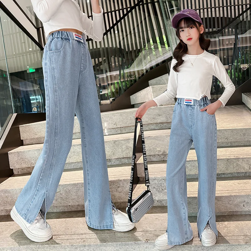 

2022 spring summer Girls Jeans Casual Denim Pants Elastic high Waist pants wide leg Split trouser maidenly teens miss 20 Year
