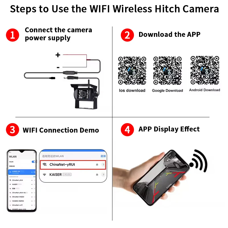 Беспроводная Wi-Fi камера заднего вида HD 720P с ИК ночным видением, водонепроницаемая (IP68), для грузовиков, прицепов, автодомов и крупногабаритного транспорта (art.: 3920da3d8dbae) - 3920da3d8dbae