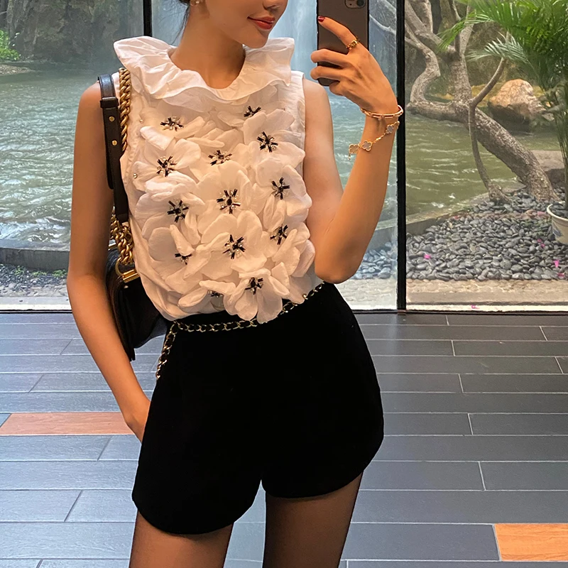 Женская рубашка-жилет с объемными цветами белая блузка-жилет без рукавов