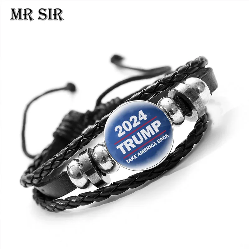

Trump 2024 Save America Again Leather Bracelet USA Flag Glass Cabochon Snap Button Multilayer Braided Bangles Men Women Jewelry