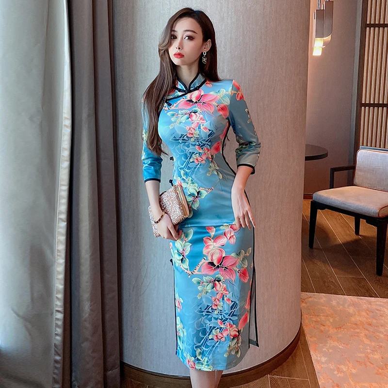 

2023 Summer Temperament All-match Fashion Sexy Retro Big Flower Slim Slit High Waist Mid-length Cheongsam Dress