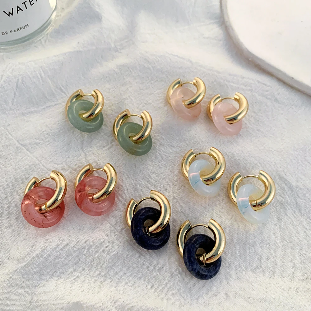 

Chic Thick Stainless Steel Golden Hoop Earrings with Natural Stone Donuts Hoops for Women Multicolor Stone Circle Huggie Earring
