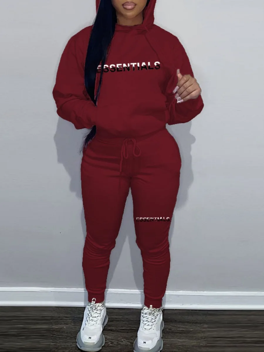 LW Plus Size Essentials Letter Print Kangaroo Pocket Tracksuit Set Autumn Winter Women Hooded Sweatshirt Suit Jogging Sweatshirt