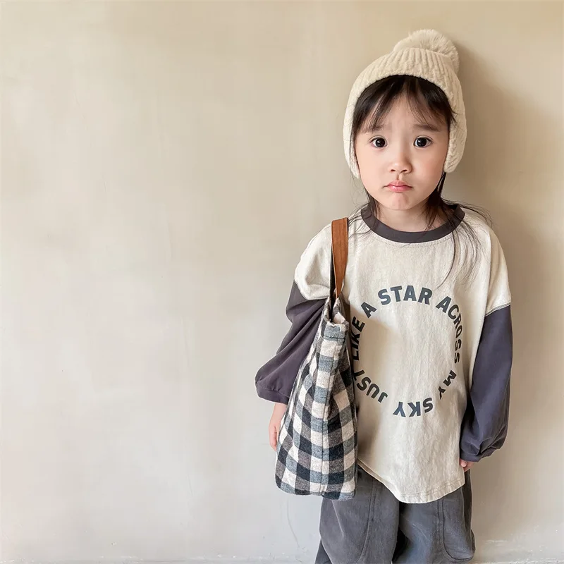 2022 Autumn New Children Long Sleeve T Shirt Fashion Letter Print Girls T Shirts Loose Kids Casual Tops Cotton Baby Boys T Shirt