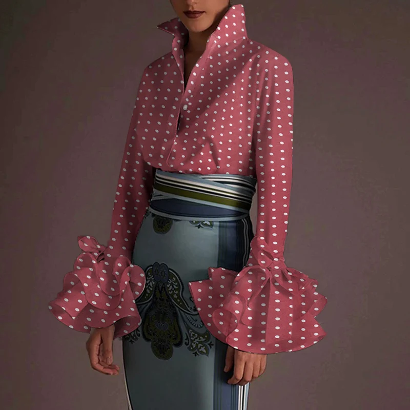 

VONDA Vintage Tops 2022 Autumn Long Puff Sleeve Blouses Women Elegant Polka Dot Print Blusas Femininas Lapel Button Party Shirts