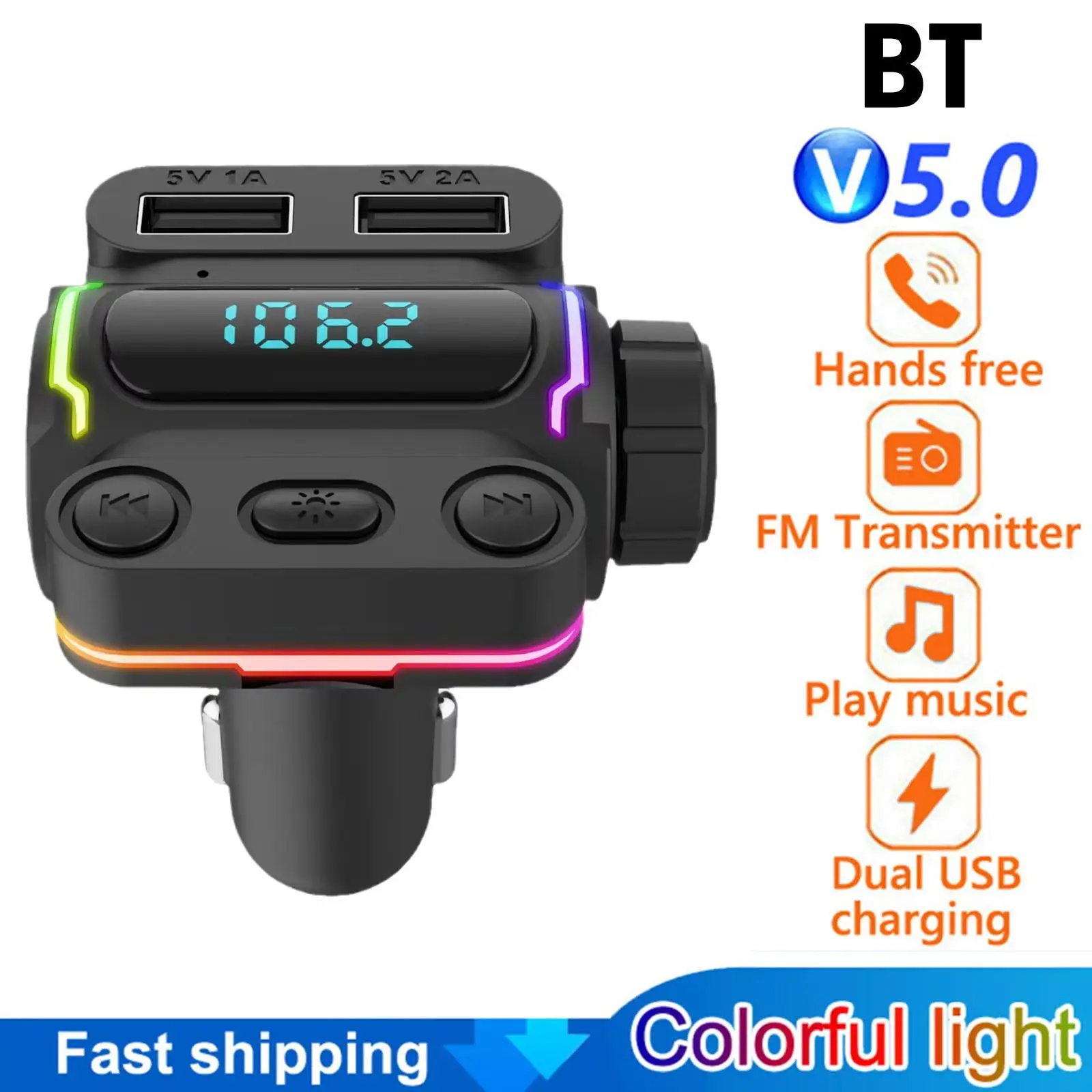 

Car Bluetooth 5.0 FM Transmitter Type-C Dual USB Charger Colorful Ambient Light Cigarette Lighter MP3 Music Player Car Accessory
