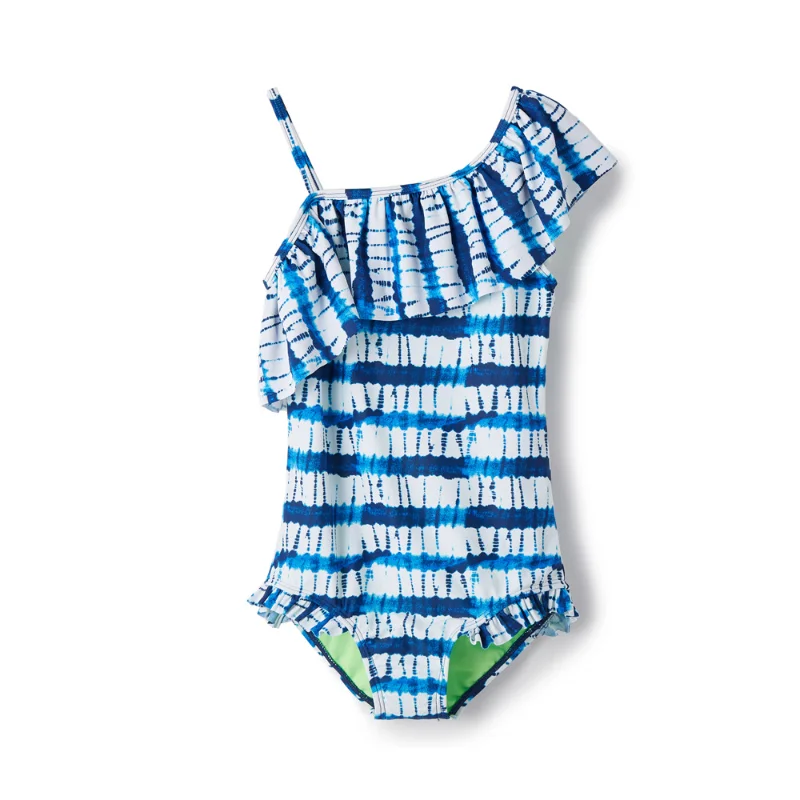 

Girls' oblique Shoulder off-shoulder lotus lace blue one-piece swimsuit