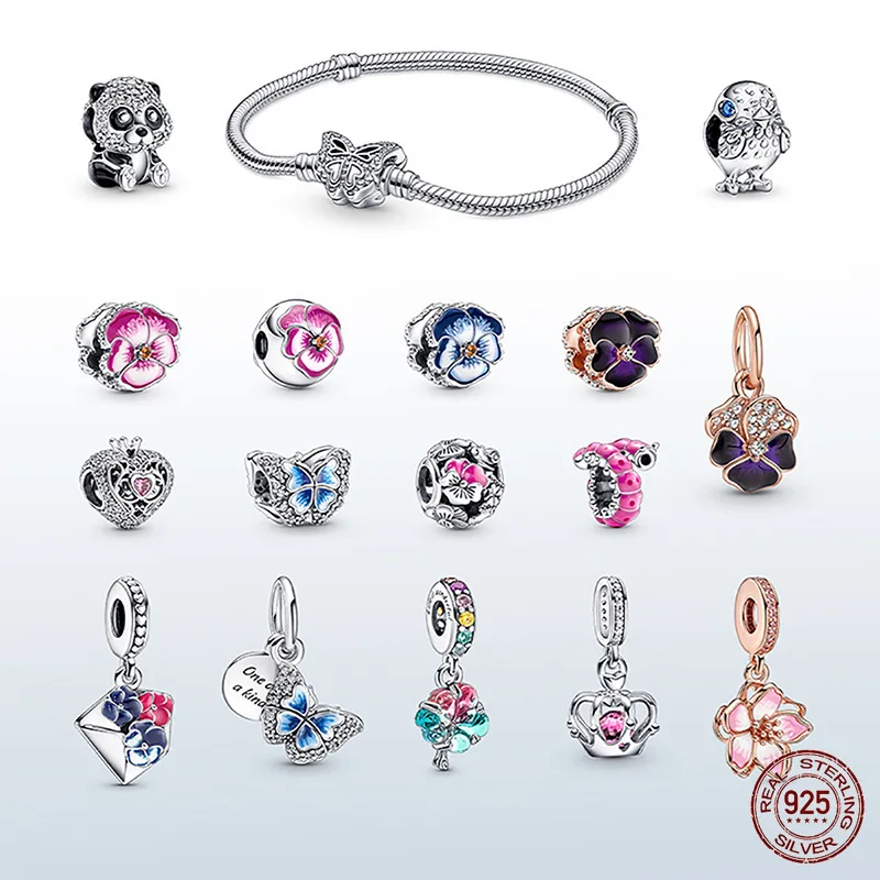 

New S925 Silver Butterfly Pansy Charms Suitable Fits Original Pandora Bracelet Diy Accessories Beads