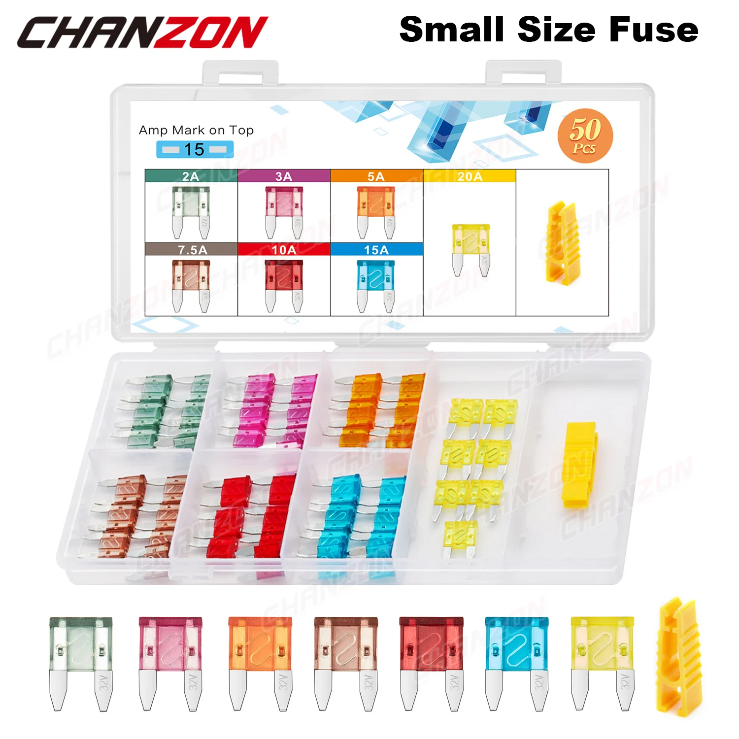 Набор предохранителей для автомобиля, 50 шт., автоматическое лезвие для ATM Mini, 2A, 3A, 5A, 7.5A, 10A, 15A, 20A, быстрый выдув для мотоцикла, Автомобильный Электрический мотор, набор в ассортименте
