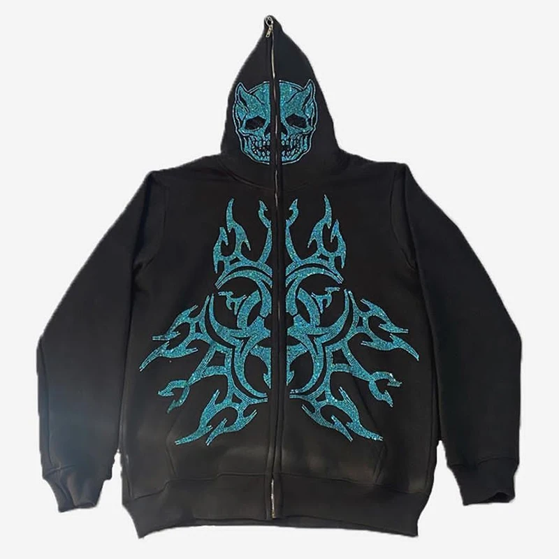 

Y2K Zip Hoodie Men Goth rhinestones Skeleton graphics Long Sleeve Sweatshirt Oversized Top clothes Hoodie Fashion Hoodie Sweater