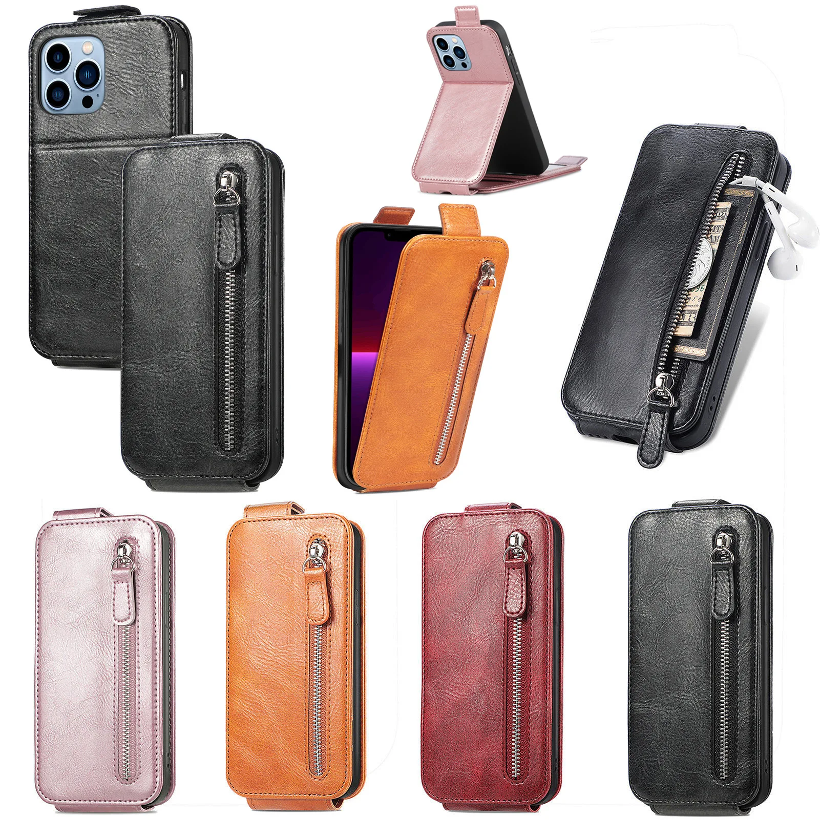 Wallet Leather Case for iphone14 13 12 11 Promax Plus Zipper Phone Case iphone12mini 11 XR XSMAX Card Holder Protective Cover