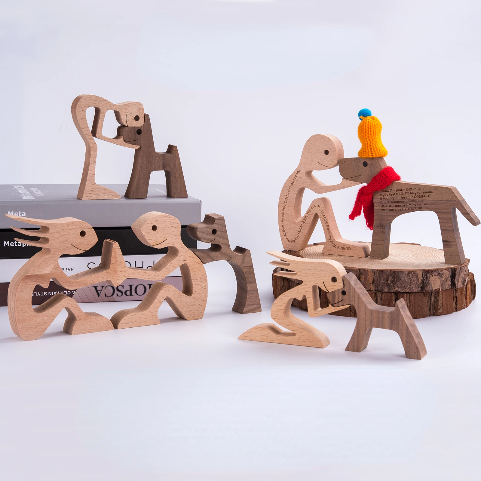 

New in Family Wood Dog Carving Ornament Christmas Decoration Home Decor Figurine Desktop Table Sculptures For Dog Pet Lover Gift