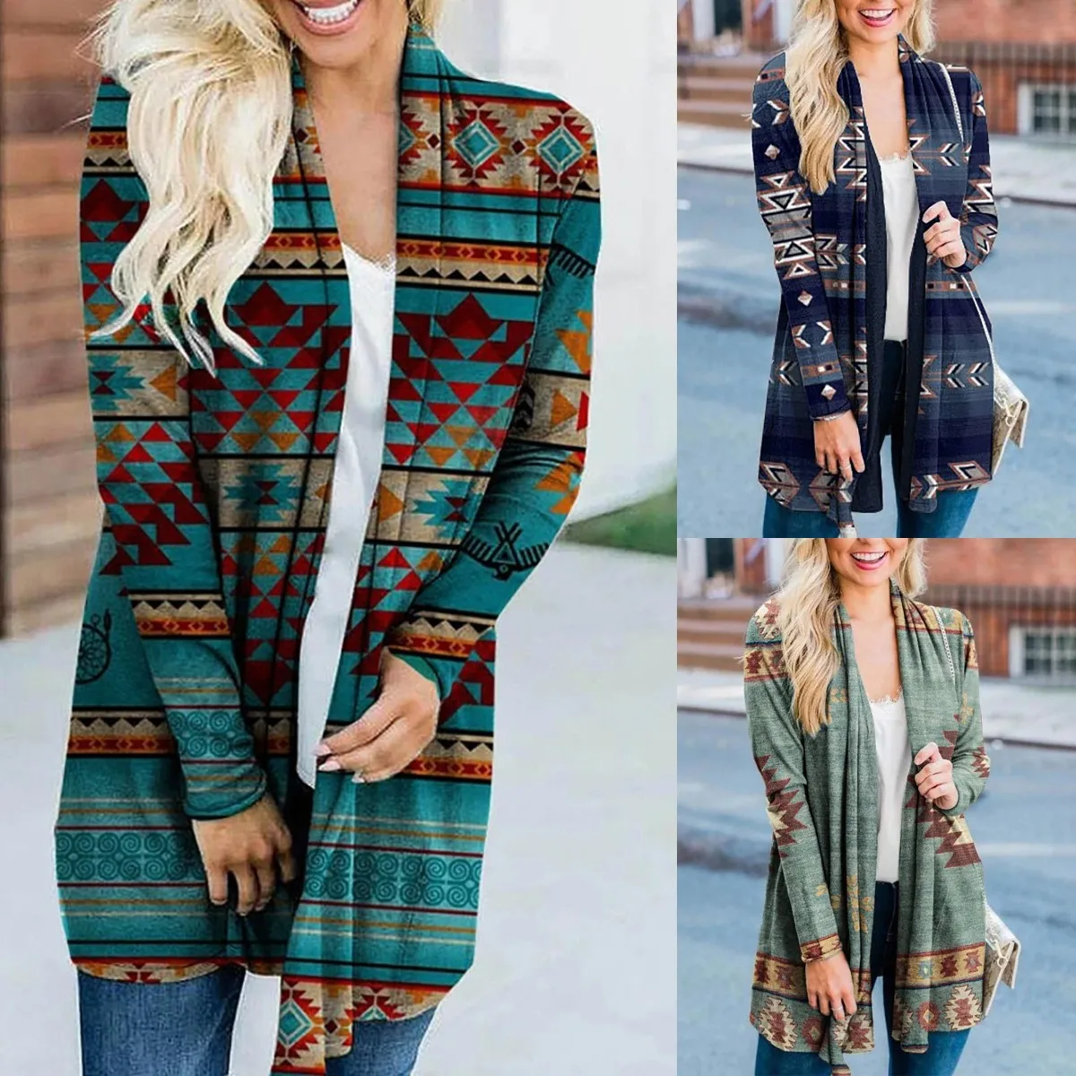 

Ladies Casual Fashion Cardigan Jacket Western Ethnic Print Long Sleeve Cardigan Top Street Retro Top
