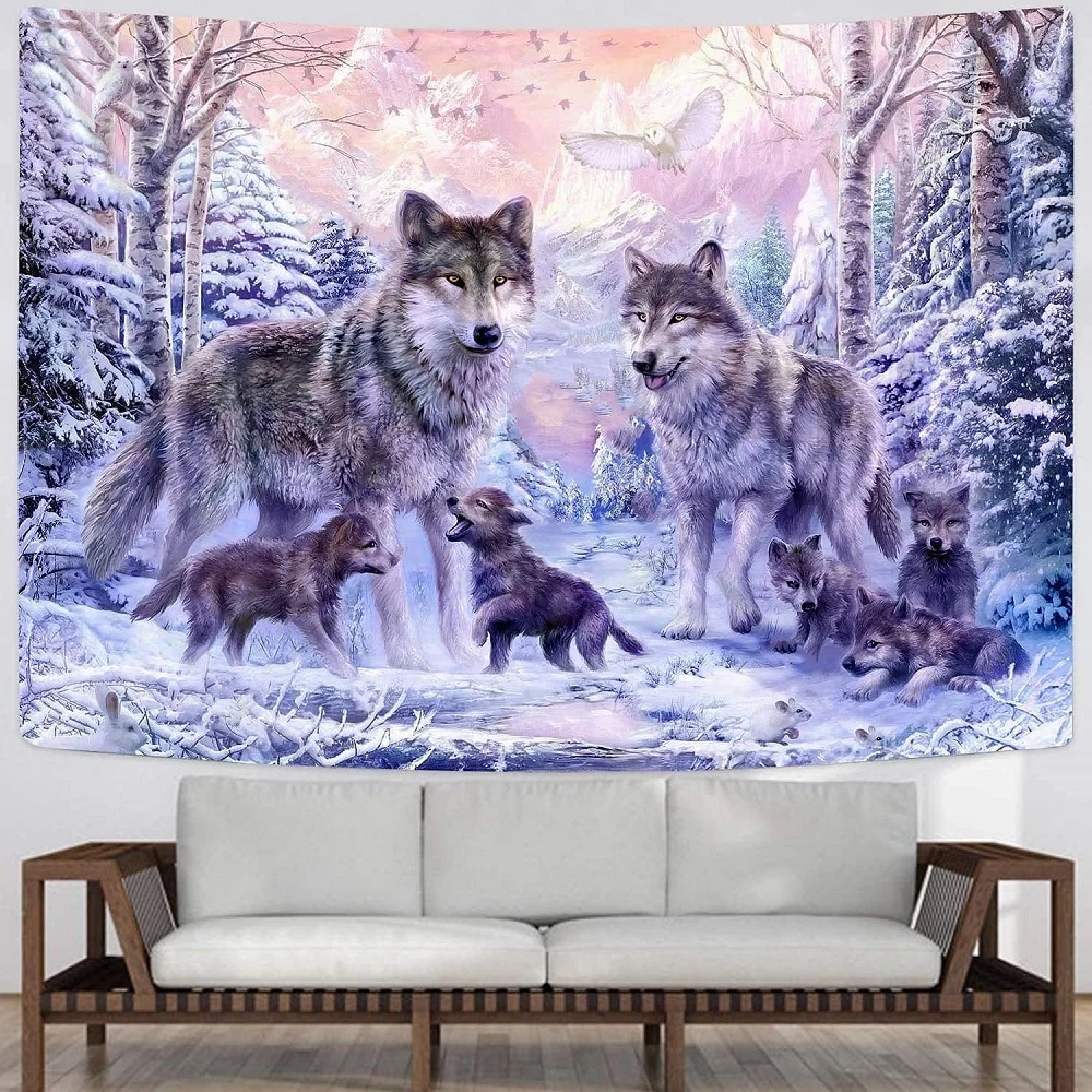 

3D Animals Wolf Tapestry Psychedelic Tribal Animal Wolf Sky Snow Scene Pattern Tapestries Bedroom Living Room Deco Wall Hanging