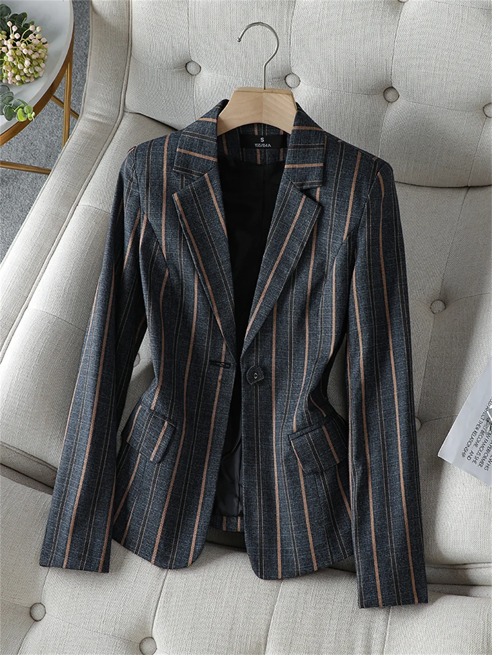 Women Jacket Black Gray Stripe Long Sleeve One Button Slim Coat Female Business Work Wear Blazer