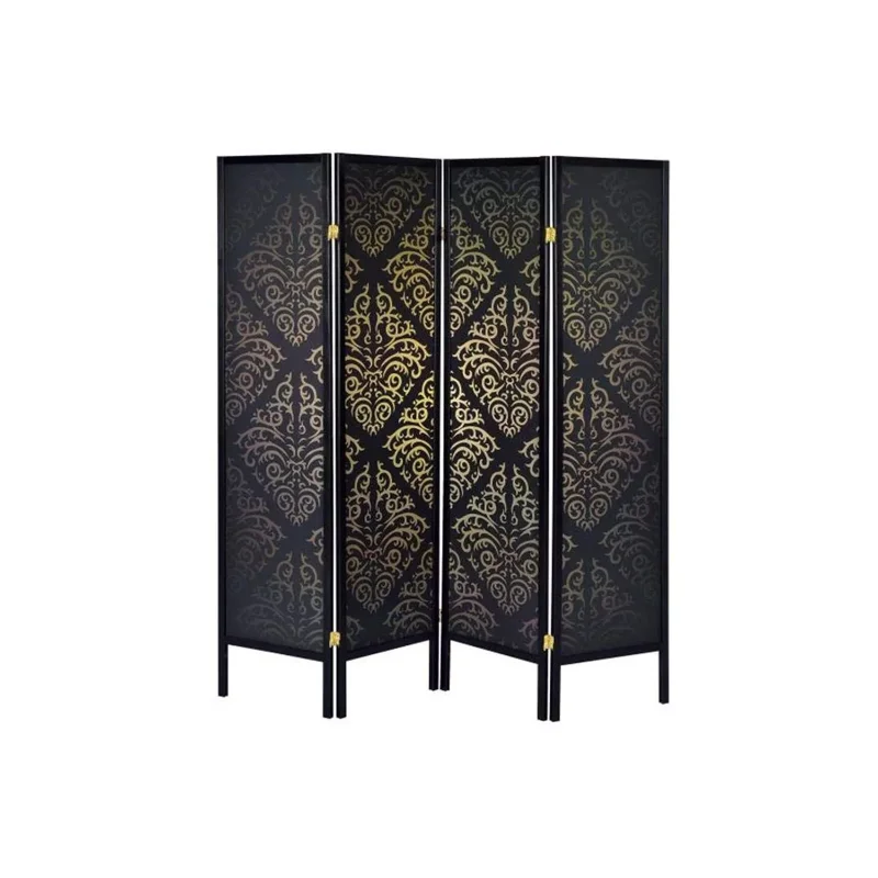 

Captivating Four Panel Folding Screen With Damask Print, Black- Saltoro Sherpi