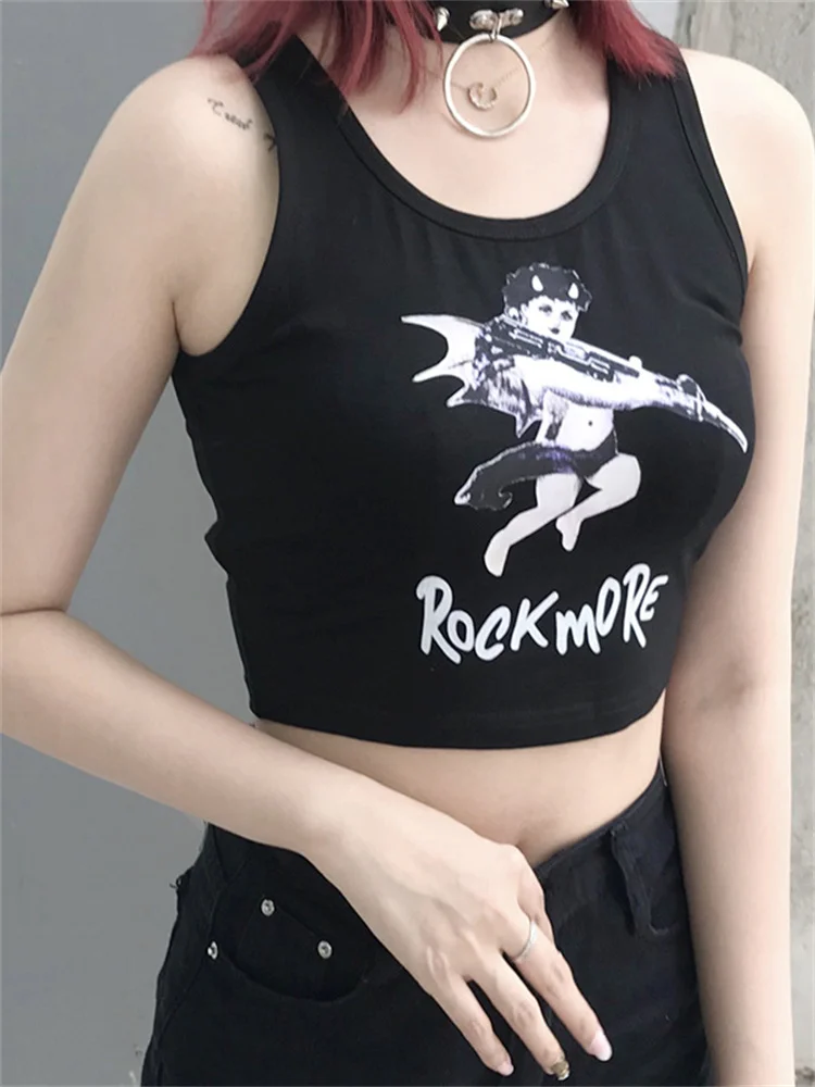 

Vintage Gothic Slim Fit Short Navel Letter Top Y2K Punk Black Angel Printed Cotton Vest 2022 Summer New Women Pulovers Crop Tops