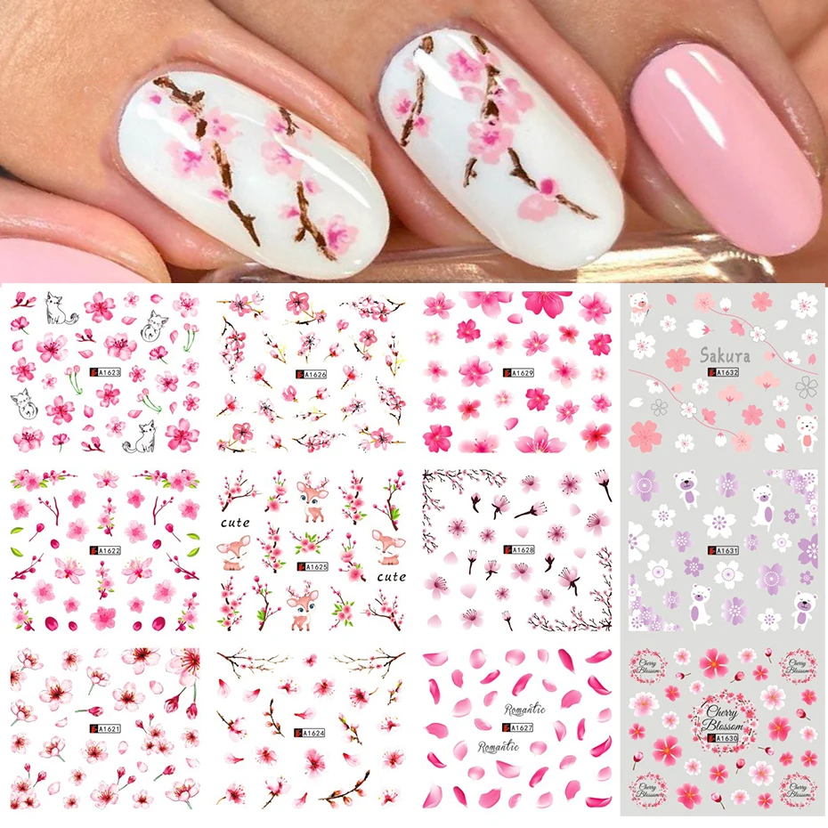 

Spring Sakura Nail Water Stickers Pink Cherry Blossoms Decals Flower Leaf Tree Summer Nails Art Decoration Sliders Drop Shipping