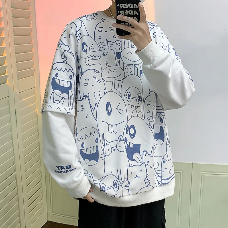 

Sleeve Patchwork Printed Sweatshirts for Mens Spring Fashion Streetwear Teenage Loose Fit Pullover Tops Casual Tracksuit Clothes