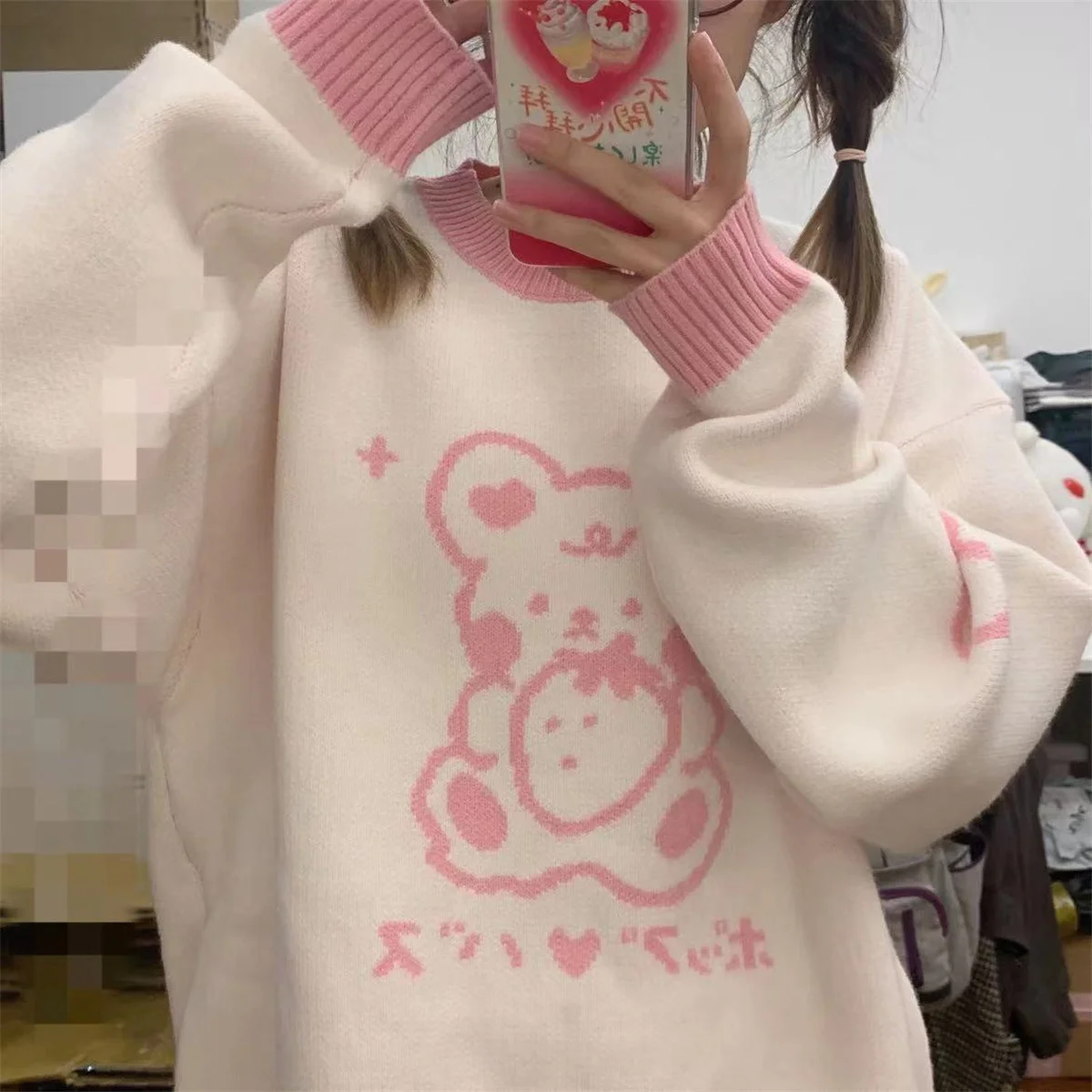 

Pink Bear Print Tops Oversize Women Clothing Knitting Sweater Autumn Clothes Funny Harajuku INS Spring Couple Sweater Girls