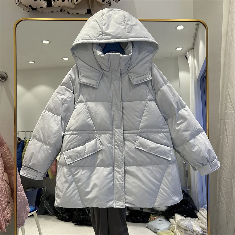 

2022 Winter Women White Duck Down Coat Casual Korean Drawstring Waist Big Pocket Stand Collar Hooded Warm Puffer Jacket Female