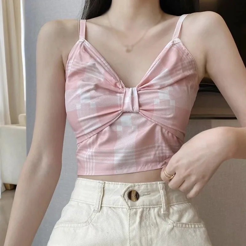 

Hot Fashion Women's Plaid Camisole Summer V neck Sleevless Sexy Tops With Bow Solid Lady Wearable Tube Crop Top