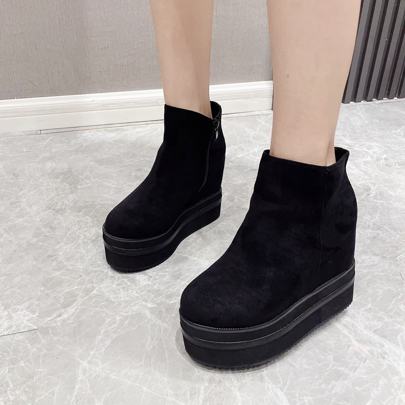 

12cm Wedge Boots Women Black Suede Leather Platforms High Heels Ankle Boots Height Increasing Wedges Shoes Ladies Footwear