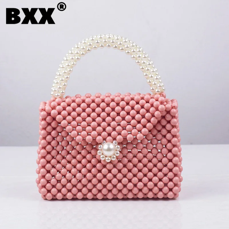 

[BXX] Versatile Simply Solid Color Bead Weave Handbags Women's Bag 2023 New Fashion Protable Pearl Beach Vacation Bags GF3204